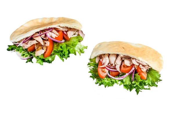 Pita Ekmeğinde Izgara Tavuk Eti Sebzeli Doner Kebabı Beyaz Arkaplanda — Stok fotoğraf