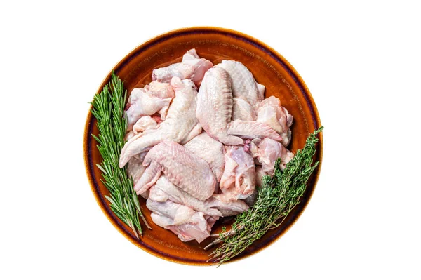 Kekik Biberiyeyle Sade Tavuk Kanadı Kes Beyaz Arkaplanda Izole — Stok fotoğraf