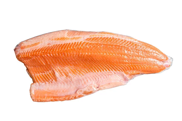 新鲜的生鲑鱼鱼片做牛排 因白人背景而被隔离 — 图库照片
