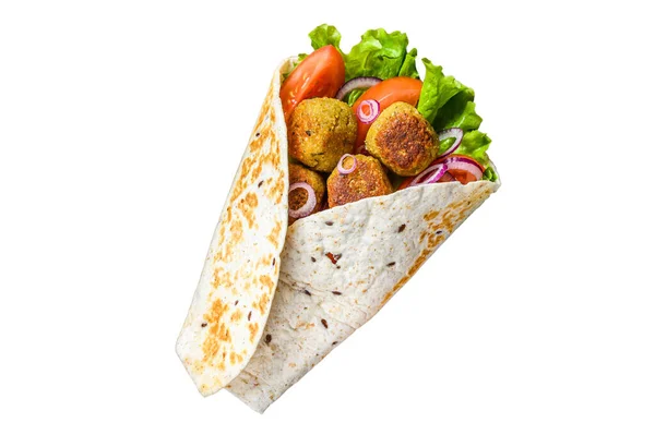 Vegetarische Tortilla Wrap Met Falafel Verse Salade Veganistische Taco Geïsoleerd — Stockfoto