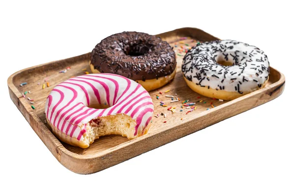 Пончики Шоколадом Розовые Глазурованные Посыпать Пончик Изолированный Белом Фоне — стоковое фото