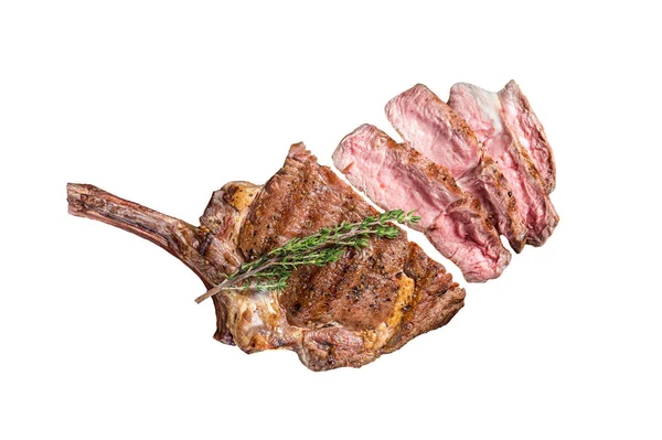 Gegrilde Tomahawk Beef Steak Rib Eye Met Tijm Geïsoleerd Witte — Stockfoto