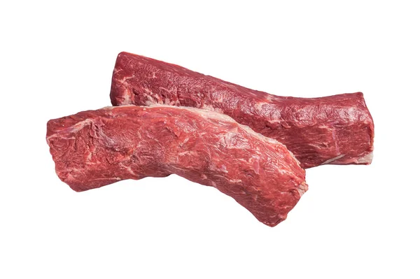 生ラムテンダーロインフィレ 肉トンサーロイン肉の肉屋のテーブルの上 白地に隔離された — ストック写真