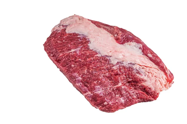 生の丸牛の肉は 肉屋のテーブルの上にカット 白地に隔離された — ストック写真