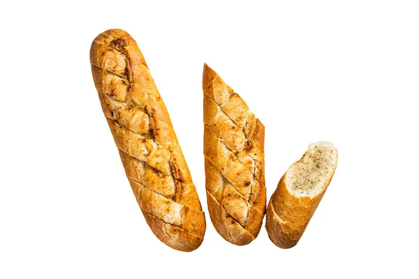 Česnekový Máslový Chléb Pečená Bageta Bylinkami Izolováno Bílém Pozadí — Stock fotografie