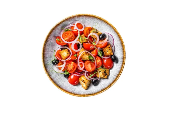 Vegetariánský Salát Panzanella Rajčaty Cibulí Chlebem Krutony Izolováno Bílém Pozadí — Stock fotografie
