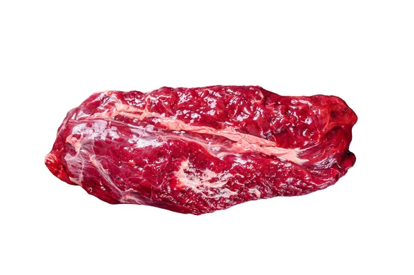 Impiccagione Cruda Tenera Carne Manzo Isolato Sfondo Bianco — Foto Stock