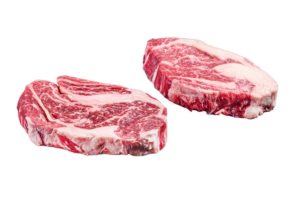 Syrový Steaky Prémiové Hovězí Maso Řeznické Desce Izolováno Bílém Pozadí — Stock fotografie