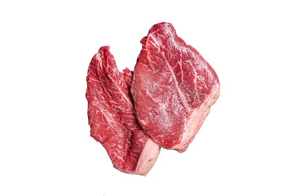 Açougueiro Escolhe Bifes Crus Carne Bovina Faca Açougueiro Isolado Sobre — Fotografia de Stock
