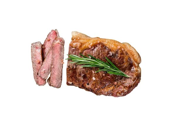 Snijd Geroosterde Vlees Steak Striploin Een Marmeren Plank Geïsoleerd Witte — Stockfoto