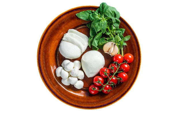 Mozzarella Peyniri Fesleğen Domates Kirazı Caprese Salatası Pişirmeye Hazır Beyaz — Stok fotoğraf