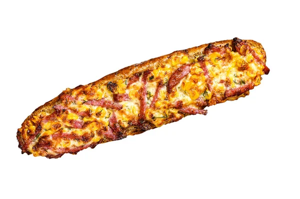 Baguette Gevuld Met Ham Spek Groenten Kaas Houten Plank Geïsoleerd — Stockfoto