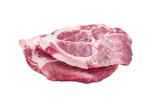 Fresh Pork Tender Steaks Raw Neck Meat Butcher Meat Cleaver — Stock Photo, Image