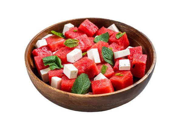 Watermeloen Salade Met Feta Kaas Een Houten Bord Geïsoleerd Witte — Stockfoto