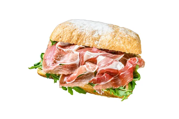 Iberico Jamon Schinken Sandwich Auf Ciabatta Brot Isoliert Auf Weißem — Stockfoto