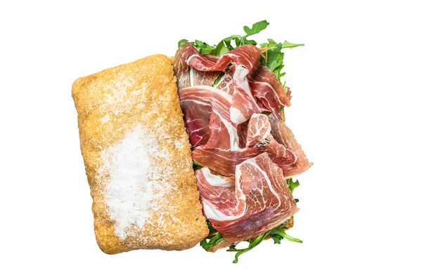 Prosciutto Parma Ham Sandwich Ciabatta Brood Met Arugula Geïsoleerd Witte — Stockfoto