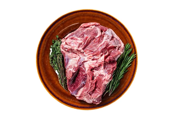 Raw Boneless Lamb Leg Meat Rustic Plate Thyme Isolated White — Stock Photo, Image