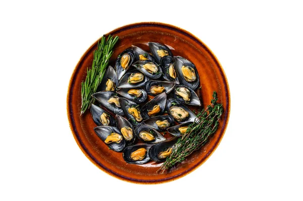 Seafood Mussels Wine Sauce Thyme Plate Isolated White Background — Stock Photo, Image