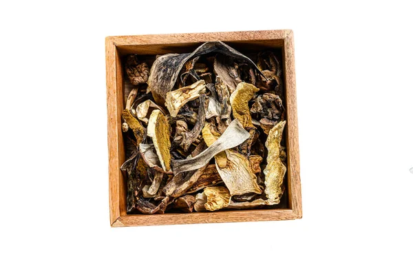Boletus Wild Dried Mushrooms Wooden Box Isolated White Background — Stock Photo, Image