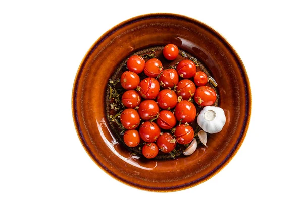 Marinated Preserve Cherry Tomatoes Rustic Plate Garlic Thyme Isolated White — Stock Photo, Image
