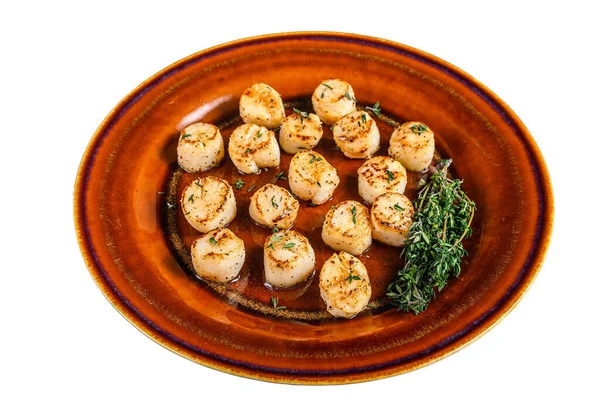 stock image Fried scallops with butter spicy sauce in a plate. Isolated on white background