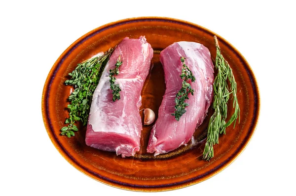 Carne Fresca Lomo Cerdo Con Romero Tomillo Aislado Sobre Fondo —  Fotos de Stock