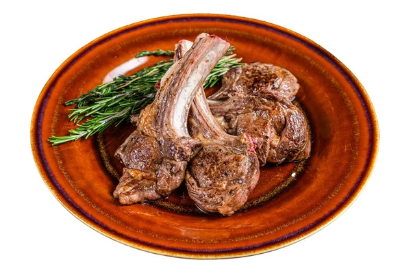 バーベキューグリルラム肉肉は プレート上のステーキをチョップ 白地に隔離された — ストック写真