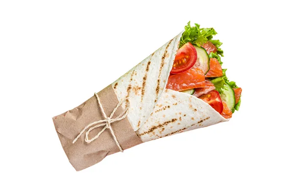 Wrap Rullsmörgås Med Fisk Lax Och Grönsaker Isolerad Vit Bakgrund — Stockfoto