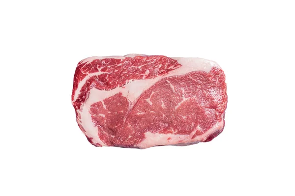 Raw Rib Eye Steak 고기를 정육점 보드에서 먹었습니다 배경에 고립됨 — 스톡 사진