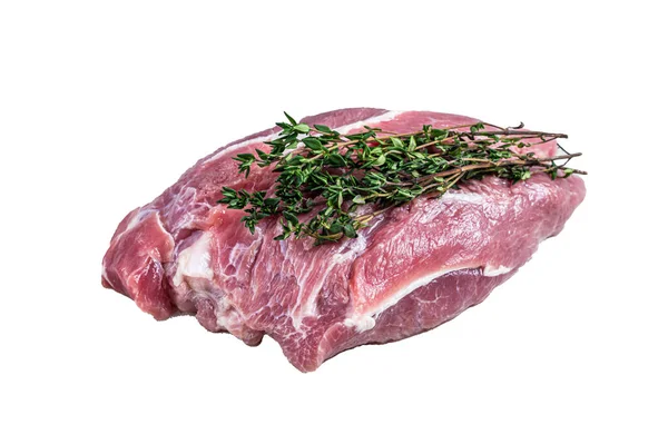 Carne Crua Porco Uma Mesa Açougueiro Isolado Sobre Fundo Branco — Fotografia de Stock