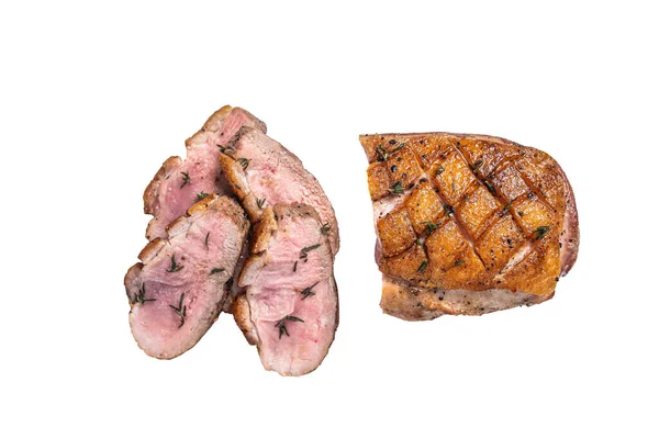 Roasted Sliced Duck Breast Fiilet Steak Isolated White Background — Stock Photo, Image
