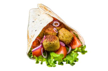 Vejetaryen tortilla dürümü, falafel ve taze salata, vejetaryen taco. Beyaz arkaplanda izole