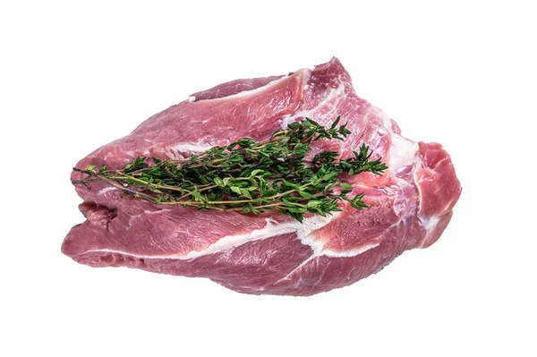 Carne Cerdo Cruda Una Mesa Carnicero Aislado Sobre Fondo Blanco — Foto de Stock