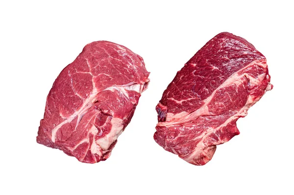정육점 테이블에 쇠고기 스테이크 배경에 고립됨 — 스톡 사진