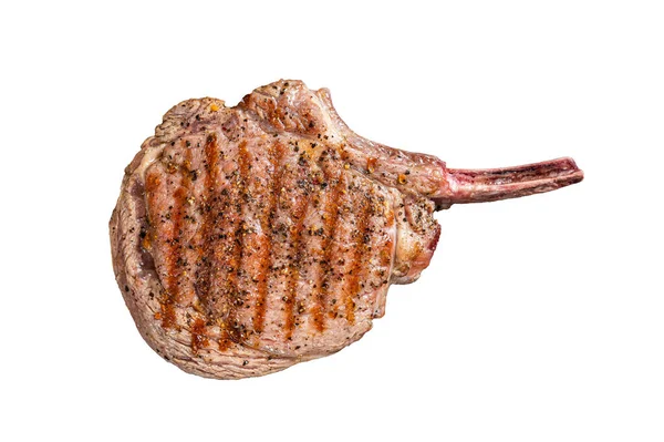 Barbekü Izgara Tomahawk Bifteği Kasap Masasında Beyaz Arkaplanda Izole — Stok fotoğraf