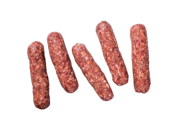 Nyers Marhahús Bárányhús Kebab Kolbász Egy Hentes Asztalon Fehér Alapon — Stock Fotó