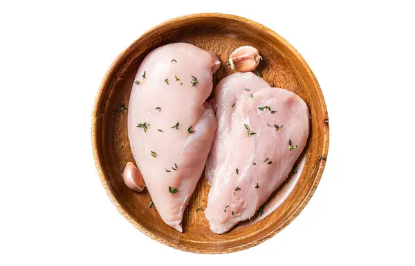生の鶏の胸肉の切り身 プレート内の鶏の肉のステーキ 白地に隔離されたB — ストック写真