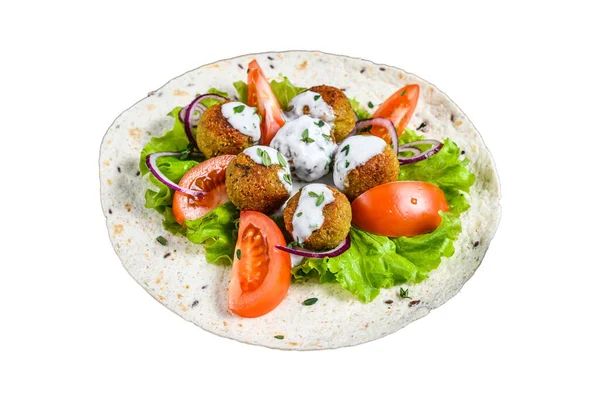 Vegetáriánus Falafel Zöldségekkel Tzatziki Szósszal Tortilla Kenyéren Fehér Alapon Elszigetelve — Stock Fotó