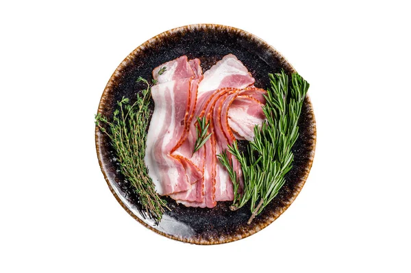 Bacon Tranché Cru Prêt Cuire Avec Des Herbes Isolé Sur — Photo