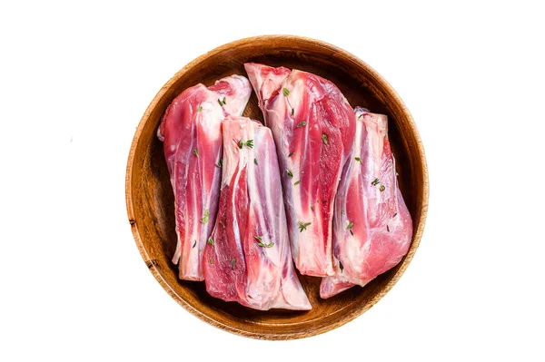Perna Cordeiro Crua Fresca Corta Carne Uma Chapa Madeira Isolado — Fotografia de Stock