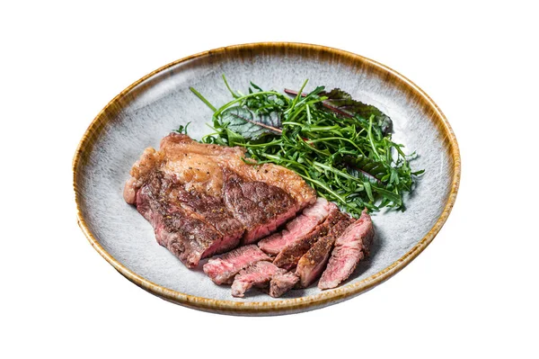 stock image BBQ Roasted Chuck Roll Tender beef steak with salad in plate. Isolated on white background