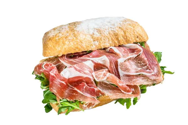 Prosciutto Parma Ham Sandwich Ciabatta Brood Met Arugula Geïsoleerd Witte — Stockfoto