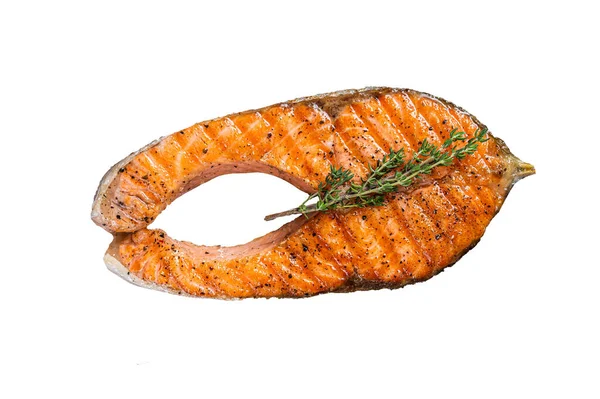 Bbq Смажив Salmon Fish Steak Грилі Тимом Рожевою Сіллю Ізольовані — стокове фото