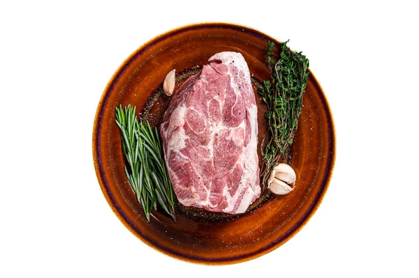 Carne Fresca Cruda Cerdo Plato Rústico Aislado Sobre Fondo Blanco —  Fotos de Stock