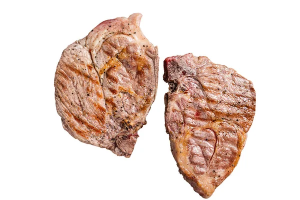 Bbq 스테이크에요 고기를 그릴에 넣어서 말이죠 배경에 고립됨 — 스톡 사진