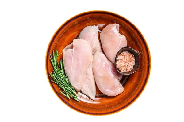 Kırsal Bir Tabakta Baharatlı Tavuk Göğsü Fileto Dilimleri Beyaz Arkaplanda — Stok fotoğraf