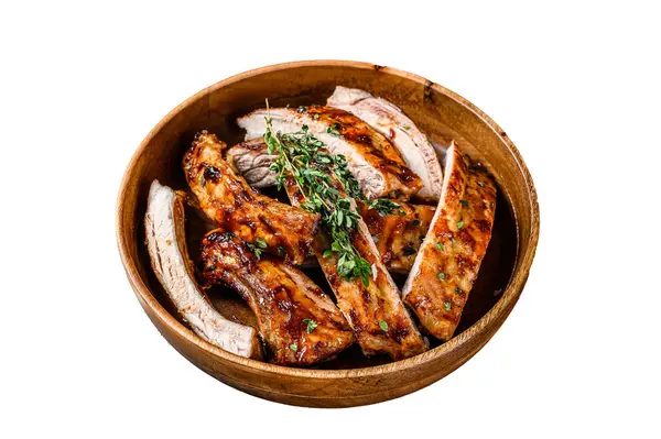 Cut Bbq Grilled Lamb Rack Spareribs Wooden Plate Isolated White — Stock Photo, Image