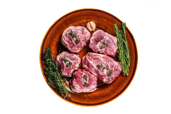 Mutton Carne Cordero Plato Rústico Con Tomillo Romero Aislado Sobre —  Fotos de Stock