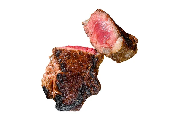 Bife Carne Grelhada Alcatrão Mármore Isolado Sobre Fundo Branco — Fotografia de Stock