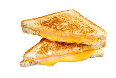 Kızarmış jambon ve erimiş peynirli sandviç. Beyaz arkaplanda izole